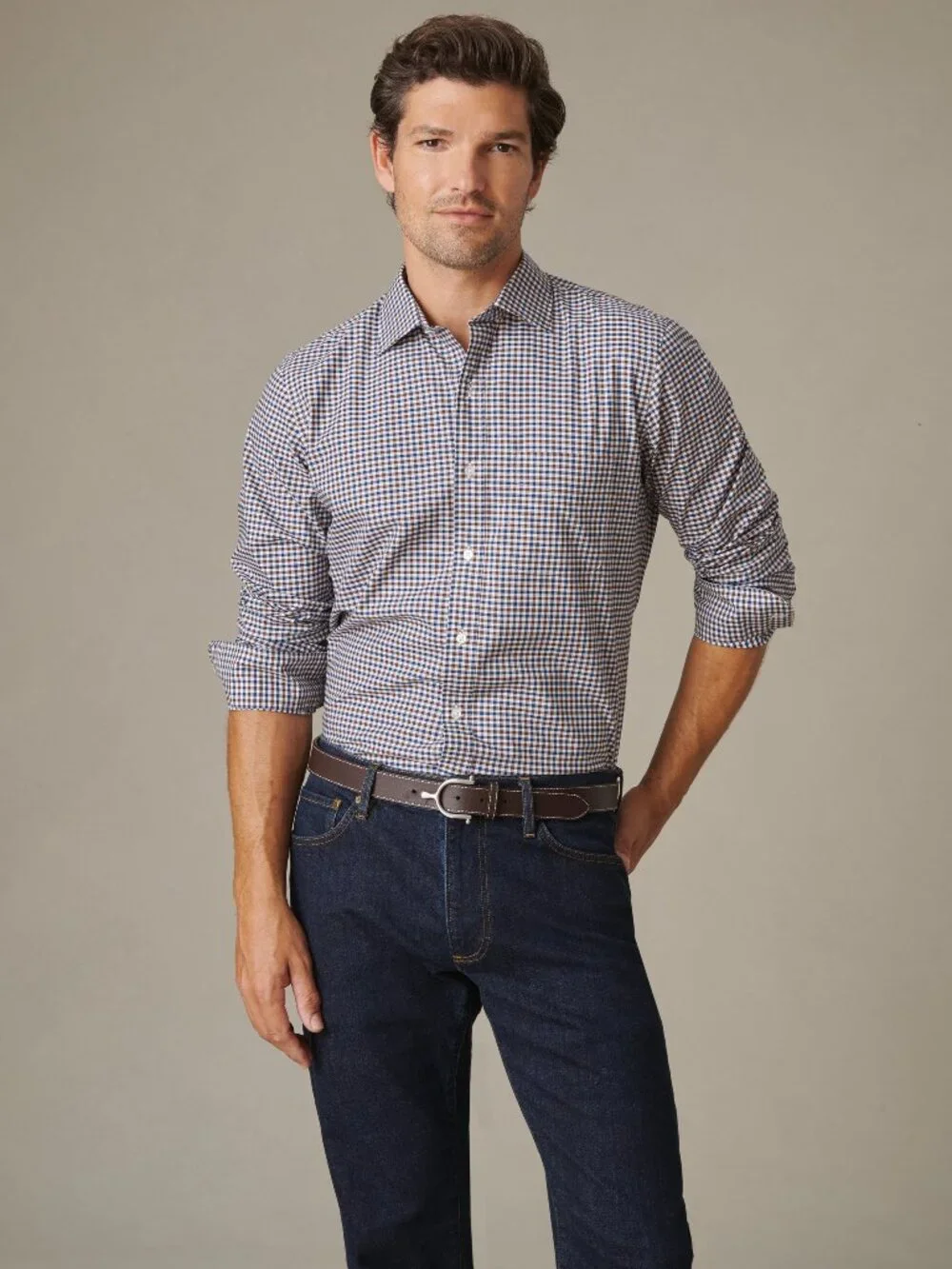 J McLaughlin Gramercy Cotton Shirt in Gingham Multi - Navy/Brown NEW